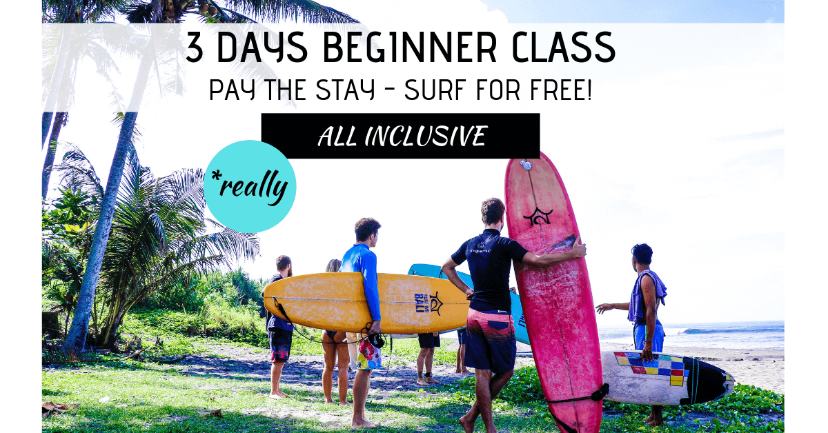 Flyer for Beginner surf class 3 days at SurfWG Bali surifng in bali for beginners