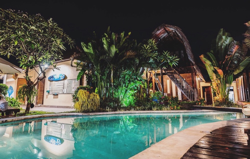 Surf camp Canggu SurfWG Bali at night Poolview